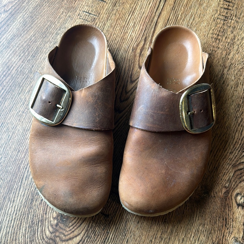 Birkenstock Brown Leather Clogs with Gold Buckles